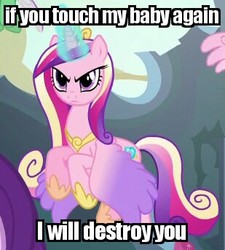 Size: 309x343 | Tagged: safe, edit, edited screencap, screencap, princess cadance, princess flurry heart, starlight glimmer, changedling, changeling, g4, to where and back again, angry, beware the nice ones, cropped, flying, image macro, magic, mama bear, mama cadence, meme, overprotective, solo focus