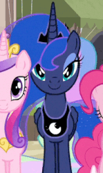 Size: 203x340 | Tagged: safe, edit, edited screencap, editor:watermelon changeling, screencap, pinkie pie, princess cadance, princess celestia, princess luna, alicorn, earth pony, pony, g4, to where and back again, animated, dancing, female, gif, lidded eyes, looking at you, loop, she knows, smiling, solo focus