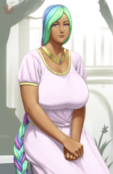 Size: 1254x1920 | Tagged: safe, artist:lvl, princess celestia, human, g4, au:eqcl, big breasts, braid, breasts, busty princess celestia, clothes, commission, dark skin, dress, female, huge breasts, humanized, jewelry, lidded eyes, long hair, looking at you, necklace, pose, sitting, smiling, solo, tree