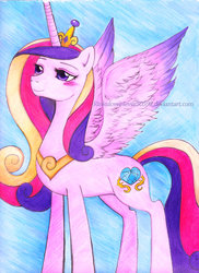 Size: 1024x1410 | Tagged: safe, artist:rinkulover4ever50592, princess cadance, g4, blushing, female, lidded eyes, smiling, solo, spread wings, watermark