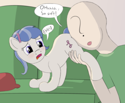 Size: 1659x1371 | Tagged: safe, artist:dopeedit, oc, oc only, oc:anon, oc:cutie stripe, earth pony, human, pony, bad touch, blushing, couch, female, filly, molestation, open mouth, pillow, ribbon, speech bubble, text