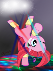 Size: 612x826 | Tagged: safe, artist:chopsticks, pacific glow, earth pony, pony, the saddle row review, .svg available, blue eyes, dance floor, dancing, digital art, female, glowstick, jewelry, lights, mare, necklace, pacifier, pigtails, rave, solo, svg, vector