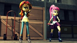 Size: 1920x1080 | Tagged: safe, artist:razethebeast, sour sweet, sunset shimmer, equestria girls, g4, my little pony equestria girls: friendship games, 3d, clothes, crystal prep academy uniform, dual wield, duo, gun, jacket, leather jacket, school uniform, source filmmaker, sword, weapon