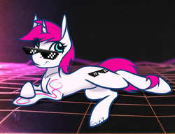 Size: 662x509 | Tagged: safe, artist:fanch1, oc, oc only, oc:cheesy-shades, pony, unicorn, 80s, blue eyes, deal with it, glasses, meme, meme pony, on side, pink hair, solo, sunglasses, swag glasses, tattoo, yes i stole the background