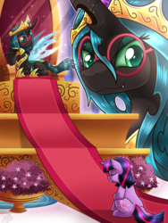 Size: 1500x2000 | Tagged: safe, artist:vavacung, queen chrysalis, twilight sparkle, changeling, changeling queen, pony, unicorn, g4, accessory theft, bedroom eyes, dork, dorkalis, duo, eyes closed, fanfic, fanfic art, fanfic cover, female, glasses, jewelry, mare, necklace, regalia, smiling, spoilers in the comments, story in the source, throne