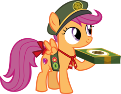 Size: 12662x9835 | Tagged: safe, artist:cyanlightning, scootaloo, pegasus, pony, 28 pranks later, g4, .svg available, absurd resolution, cookie, cute, cutealoo, cutie mark, cyan's filly guides, female, filly, filly guides, food, hat, hoof hold, ribbon, simple background, smiling, solo, the cmc's cutie marks, transparent background, vector