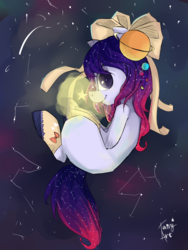 Size: 1050x1400 | Tagged: safe, artist:tamyarts, oc, oc only, oc:alpha planetarium, earth pony, pony, bow, hair bow, night, solo