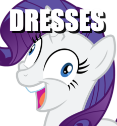 Size: 2218x2393 | Tagged: safe, rarity, pony, unicorn, g4, and then there's rarity, caption, clothes, derp, dress, exploitable meme, female, high res, i didn't listen, image macro, mare, meme, open mouth, rariderp, simple background, smiling, solo, that pony sure does love dresses, white background