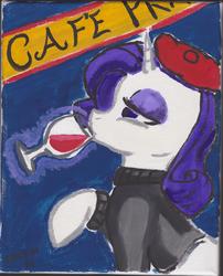Size: 4840x5984 | Tagged: safe, artist:titankore, rarity, g4, absurd resolution, alcohol, beatnik rarity, beret, cafe, clothes, female, glass, hat, painting, solo, sweater, watercolor painting, wine