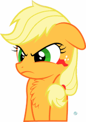 Size: 562x800 | Tagged: safe, artist:arifproject, edit, applejack, monster pony, original species, tatzlpony, g4, angry, animated, arif's angry pone, chest fluff, cute, ears back, eye shimmer, female, frown, gif, glare, simple background, solo, species swap, tatzljack, white background
