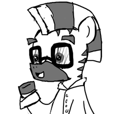 Size: 640x600 | Tagged: safe, artist:ficficponyfic, oc, oc only, zebra, colt quest, adult, clothes, glasses, lab coat, male, monochrome, smiling, solo, stallion, story included, talking
