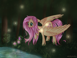 Size: 1600x1200 | Tagged: safe, artist:mitralexa, fluttershy, firefly (insect), g4, female, flower, forest, lake, raised hoof, reflection, solo, spread wings, water