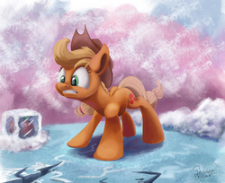 Size: 1412x1151 | Tagged: safe, artist:insanerobocat, applejack, earth pony, pony, g4, apple, cold, female, food, gritted teeth, ice, mare, shivering, solo