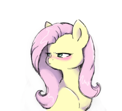 Size: 1316x1189 | Tagged: safe, artist:buttersprinkle, fluttershy, pony, g4, blushing, bust, colored pupils, cute, female, fluttertsun, frown, glare, looking away, mare, pouting, simple background, solo, tsundere, white background