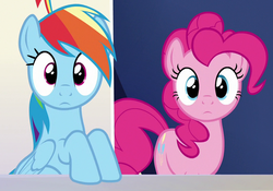 Size: 876x613 | Tagged: safe, screencap, pinkie pie, rainbow dash, earth pony, pegasus, pony, 28 pranks later, g4, season 6, duo, female, looking at you