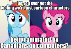 Size: 876x613 | Tagged: safe, edit, edited screencap, screencap, pinkie pie, rainbow dash, 28 pranks later, g4, fourth wall, image macro, looking at you, meme