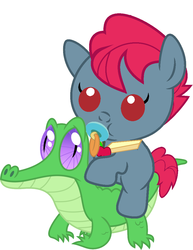 Size: 786x1017 | Tagged: safe, artist:red4567, apple split, gummy, pony, g4, apple family member, baby, baby pony, cute, pacifier, ponies riding gators, riding, weapons-grade cute