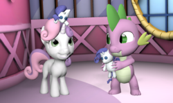 Size: 1800x1080 | Tagged: safe, artist:pika-robo, rarity, spike, sweetie belle, g4, 3d, cute, rarity plushie, smiling, source filmmaker