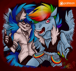 Size: 3000x2800 | Tagged: safe, artist:mimy92sonadow, dj pon-3, rainbow dash, vinyl scratch, anthro, g4, clothes, fingerless gloves, gloves, happy halloween, high res, hoers mask, looking at you, mask, midriff, open mouth, pants, patreon, patreon logo, shorts, signature