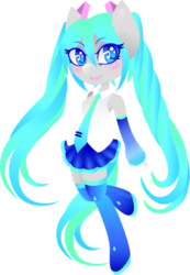 Size: 460x663 | Tagged: safe, artist:matteglaze, anthro, blushing, clothes, hatsune miku, pigtails, simple background, socks, solo, thigh highs, transparent background, vocaloid