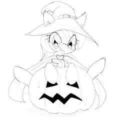 Size: 2996x2997 | Tagged: safe, artist:randy, oc, oc only, oc:aryanne, cloak, clothes, costume, ear fluff, face, fruit, halloween, hat, heart, high res, hungry, licking, lineart, monochrome, pumpkin, simple background, solo, tongue out, white background, witch, witch hat