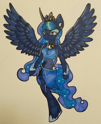 Size: 1024x1251 | Tagged: safe, artist:bleedingwings12, princess luna, anthro, unguligrade anthro, g4, belly button, both cutie marks, clothes, female, midriff, sarong, short shirt, side slit, simple background, skirt, solo, spread wings, traditional art, watermark