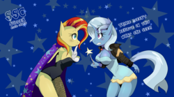 Size: 1599x890 | Tagged: safe, artist:traupa, sunset shimmer, trixie, unicorn, anthro, accessory swap, alternate hairstyle, blushing, breasts, busty sunset shimmer, busty trixie, cape, cleavage, clothes, clothes swap, dialogue, dress, female, fishnets, gloves, gritted teeth, jacket, leotard, lesbian, looking at each other, magician outfit, mane swap, role reversal, shipping, sideboob, sudden style change, suntrix, trixie's cape