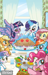 Size: 600x927 | Tagged: safe, artist:marybellamy, apple bloom, applejack, fluttershy, pinkie pie, rainbow dash, rarity, sweetie belle, twilight sparkle, alicorn, earth pony, pegasus, pony, unicorn, apple, blushing, carrot, casserole, female, filly, fine art parody, food, freedom from want, glass, glowing, glowing horn, holiday, horn, magic, mane six, mare, meal, norman rockwell, plate, table, telekinesis, thanksgiving, tongue out, twilight sparkle (alicorn), watermark