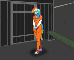 Size: 1024x832 | Tagged: safe, artist:nwinter3, rainbow dash, anthro, plantigrade anthro, g4, bound wings, chains, clothes, converse, cuffs, female, prison, prison outfit, prisoner, prisoner rd, sad, shirt, shoes, sneakers, solo, undershirt
