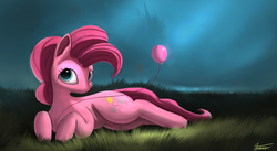 Size: 4300x2350 | Tagged: safe, artist:auroriia, pinkie pie, earth pony, pony, g4, balloon, female, high res, looking at you, mare, prone, solo