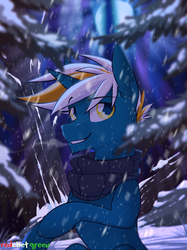 Size: 1500x2010 | Tagged: safe, artist:redchetgreen, oc, oc only, pony, unicorn, clothes, looking at you, night, scarf, snow, snowfall, solo, winter