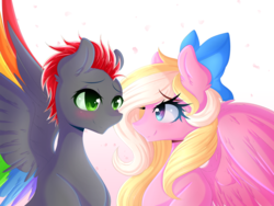 Size: 1280x960 | Tagged: safe, artist:fluffymaiden, oc, oc only, oc:bay breeze, oc:mahx, bahx, bow, hair bow, looking at each other, male, oc x oc, romantic, shipping, spread wings, straight