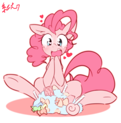 Size: 1482x1500 | Tagged: safe, artist:akainu_pony, pinkie pie, earth pony, pony, g4, candy, cute, diapinkes, female, food, heart, heart eyes, lollipop, open mouth, pixiv, solo, this will end in diabetes, wingding eyes
