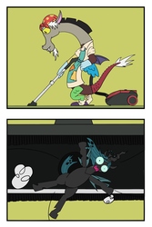 Size: 2209x3299 | Tagged: safe, artist:pony4koma, discord, queen chrysalis, g4, abuse, chrysabuse, cleaning, high res, punishment, revenge, shrinking