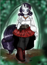 Size: 430x598 | Tagged: safe, artist:traupa, rarity, anthro, unguligrade anthro, g4, blushing, breasts, busty rarity, cleavage, clothes, dress, female, jewelry, necklace, solo