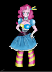 Size: 428x596 | Tagged: safe, artist:traupa, pinkie pie, earth pony, anthro, unguligrade anthro, g4, black background, breasts, cleavage, clothes, dress, female, gloves, simple background, smiling, socks, solo, striped socks