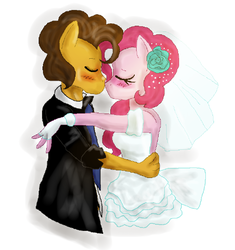 Size: 492x524 | Tagged: safe, artist:traupa, cheese sandwich, pinkie pie, anthro, g4, blushing, clothes, dress, flower, flower in hair, heartwarming in hindsight, kissing, male, marriage, ship:cheesepie, shipping, straight, wedding, wedding dress