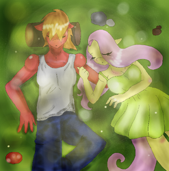 Size: 568x576 | Tagged: safe, artist:traupa, big macintosh, fluttershy, earth pony, anthro, g4, clothes, dress, jeans, male, pants, ship:fluttermac, shipping, sleeping, straight