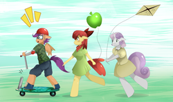 Size: 1028x608 | Tagged: safe, artist:traupa, apple bloom, scootaloo, sweetie belle, earth pony, pegasus, unicorn, anthro, unguligrade anthro, g4, apple bloom's bow, balloon, bow, clothes, cutie mark crusaders, dress, female, hair bow, helmet, kite, scooter, shorts, this will not end well