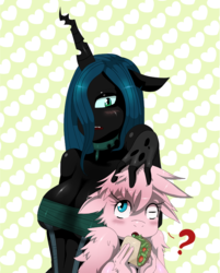 Size: 1896x2360 | Tagged: safe, artist:traupa, queen chrysalis, oc, oc:fluffle puff, anthro, g4, blushing, breasts, busty queen chrysalis, canon x oc, cleavage, clothes, duo, female, fingerless gloves, food, gloves, lesbian, ship:chrysipuff, shipping, taco