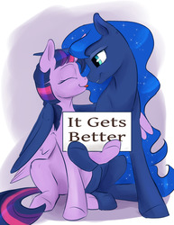 Size: 1280x1656 | Tagged: safe, artist:silfoe, princess luna, twilight sparkle, alicorn, pony, g4, :p, boop, cute, discussion in the comments, duo, eyes closed, female, grin, hug, inspirational, it gets better, lesbian, lidded eyes, mare, missing accessory, nose wrinkle, noseboop, nuzzling, positive message, positive ponies, ship:twiluna, shipping, sign, sitting, smiling, tongue out, twiabetes, twilight sparkle (alicorn), winghug