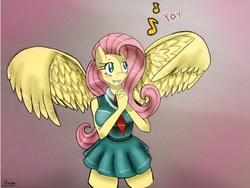 Size: 800x600 | Tagged: safe, artist:traupa, fluttershy, anthro, g4, clothes, female, skirt, solo, spread wings, vest