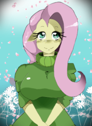 Size: 300x412 | Tagged: safe, artist:traupa, fluttershy, anthro, g4, abstract background, big breasts, breasts, busty fluttershy, clothes, complex background, female, solo, sweater, sweatershy, turtleneck