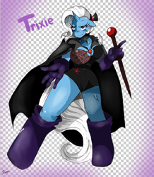 Size: 480x550 | Tagged: safe, artist:traupa, trixie, anthro, unguligrade anthro, g4, alicorn amulet, boots, breasts, busty trixie, cape, cleavage, clothes, female, floppy ears, gloves, hat, leotard, magician outfit, smiling, solo, staff