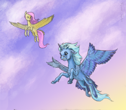 Size: 802x700 | Tagged: safe, artist:adeptus-monitus, fluttershy, trixie, alicorn, pony, unicorn, g4, alicornified, cloud, duo, floppy ears, flying, flying lesson, race swap, sky, spread wings, tail feathers, trixiecorn
