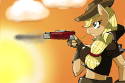Size: 900x600 | Tagged: safe, artist:traupa, applejack, earth pony, anthro, g4, clothes, female, fingerless gloves, gloves, gun, hat, midriff, solo, weapon