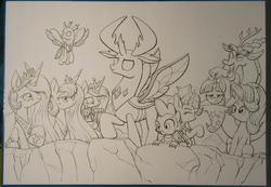 Size: 2550x1760 | Tagged: safe, artist:xeviousgreenii, discord, princess cadance, princess celestia, princess flurry heart, princess luna, spike, starlight glimmer, thorax, trixie, twilight sparkle, alicorn, changedling, changeling, pony, unicorn, g4, to where and back again, alicorn pentarchy, flying, king thorax, lidded eyes, lineart, looking down, magic, monochrome, open mouth, sitting, smiling, spread wings, trixie's hat, twilight sparkle (alicorn)