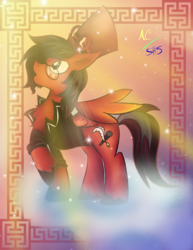 Size: 1024x1325 | Tagged: safe, artist:animechristy, oc, oc only, oc:toonkriticy2k, pegasus, pony, boarder, clothes, cloud, glasses, goggles, hat, jacket, red and black oc, solo, top hat