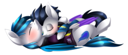 Size: 2415x1044 | Tagged: safe, artist:scarlet-spectrum, oc, oc only, oc:blue storm, oc:switch, oc:switch storm, pegasus, pony, blushing, clothes, commission, costume, eyes closed, hug, male, shadowbolts costume, simple background, snuggling, straight, transparent background