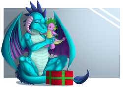 Size: 2630x1860 | Tagged: safe, artist:exelzior, princess ember, spike, dragon, g4, button eyes, cute, dragoness, emberbetes, eyes closed, female, hug, male, plushie, present, ship:emberspike, shipping, sitting, smiling, spike plushie, spread wings, straight
